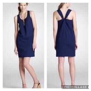 J Crew Twist Back Criss Cross Silk Shift Sleeveless Dress Night Shadow Blue 00